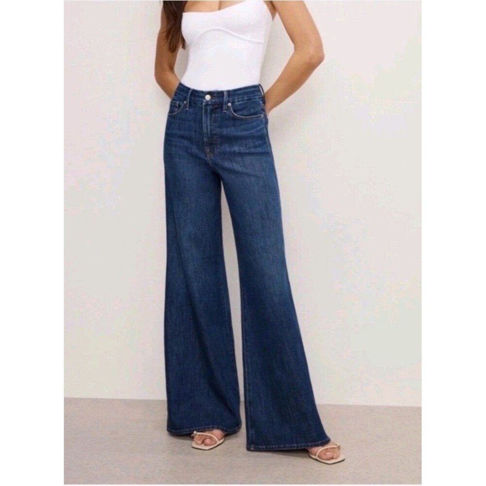 Good American Good Waist Palazzo Jeans Womens 2/26 Indigo High Rise Wide Leg NEW